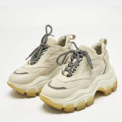 Pre Owned Prada Cream Suede and Leather Lace Up Low Top Sneakers Size 35