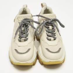 Pre Owned Prada Cream Suede and Leather Lace Up Low Top Sneakers Size 35