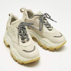 Pre Owned Prada Cream Suede and Leather Lace Up Low Top Sneakers Size 35