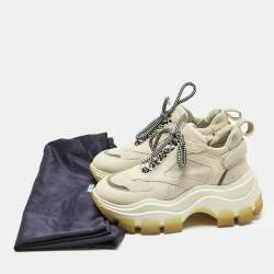 Pre Owned Prada Cream Suede and Leather Lace Up Low Top Sneakers Size 35