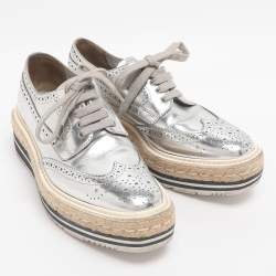 Pre Owned Prada Silver Leather Brogues Oxford Sneakers Size 35