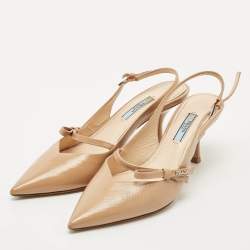 Pre Owned Prada Beige Patent Leather Pointed Toe Slingback Pumps Size 39