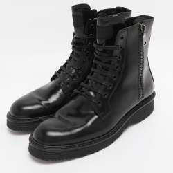 Pre Owned Prada Black Leather Combat Boots Size 38.5