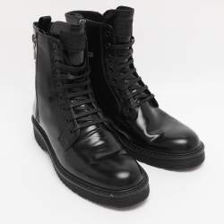 Pre Owned Prada Black Leather Combat Boots Size 38.5