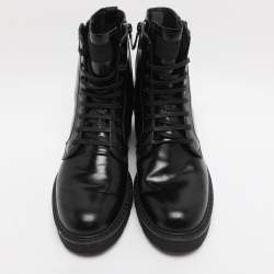 Pre Owned Prada Black Leather Combat Boots Size 38.5