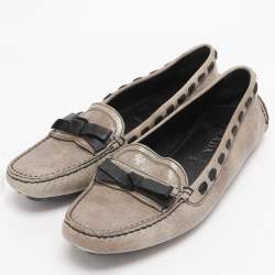 Pre Owned Prada Beige Leather Bow Loafers Size 36.5