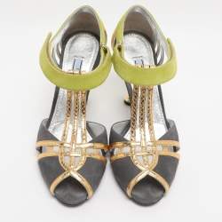 Pre Owned Prada Multicolor Leather and Suede T-Strap Sandals Size 38