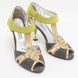 Pre Owned Prada Multicolor Leather and Suede T-Strap Sandals Size 38