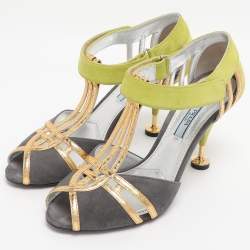 Pre Owned Prada Multicolor Leather and Suede T-Strap Sandals Size 38