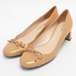 Pre Owned Prada Beige Patent Leather Block Heel Pumps Size 37.5