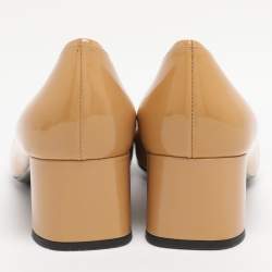 Pre Owned Prada Beige Patent Leather Block Heel Pumps Size 37.5