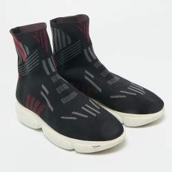 Pre Owned Prada Black/Burgundy Knit Fabric Sock Runner High Top Sneakers Size 36.5