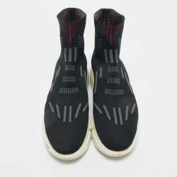 Pre Owned Prada Black/Burgundy Knit Fabric Sock Runner High Top Sneakers Size 36.5