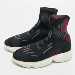 Pre Owned Prada Black/Burgundy Knit Fabric Sock Runner High Top Sneakers Size 36.5