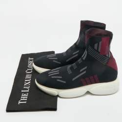 Pre Owned Prada Black/Burgundy Knit Fabric Sock Runner High Top Sneakers Size 36.5