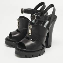 مملوكة مسبقًا Prada Black Leather Zip Detail Platform Sandals Size 39