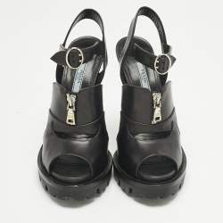 مملوكة مسبقًا Prada Black Leather Zip Detail Platform Sandals Size 39