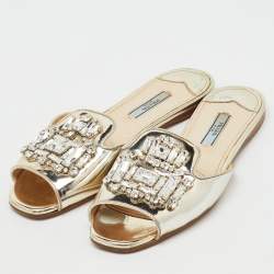 Pre Owned Prada Silver Foil Leather Crystal Embellished Flat Slide Sandals Size 37