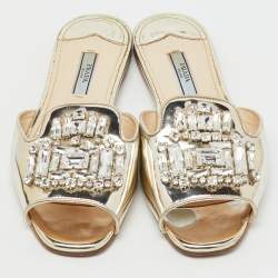 Pre Owned Prada Silver Foil Leather Crystal Embellished Flat Slide Sandals Size 37