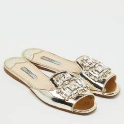Pre Owned Prada Silver Foil Leather Crystal Embellished Flat Slide Sandals Size 37