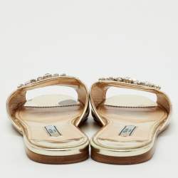 Pre Owned Prada Silver Foil Leather Crystal Embellished Flat Slide Sandals Size 37