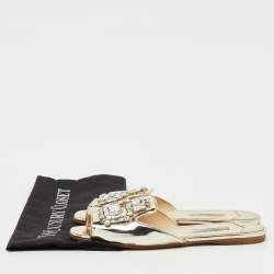 Pre Owned Prada Silver Foil Leather Crystal Embellished Flat Slide Sandals Size 37