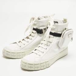Pre Owned Prada White Re-Nylon Gabardine Metal Triangle Pouch Pocket Sneakers Size 39