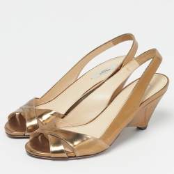 Pre Owned Prada Gold Leather Cross Strap Slingback Sandals Size 38.5