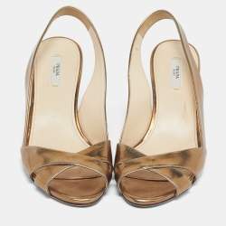 Pre Owned Prada Gold Leather Cross Strap Slingback Sandals Size 38.5