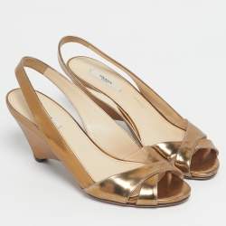Pre Owned Prada Gold Leather Cross Strap Slingback Sandals Size 38.5