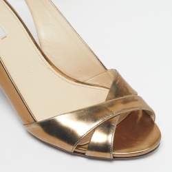 Pre Owned Prada Gold Leather Cross Strap Slingback Sandals Size 38.5
