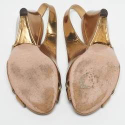 Pre Owned Prada Gold Leather Cross Strap Slingback Sandals Size 38.5