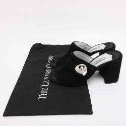 مملوكة مسبقًا صندل سلايد برادا سويدي أسود كعب سميك مقاس 37.5