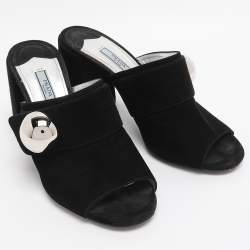 مملوكة مسبقًا صندل سلايد برادا سويدي أسود كعب سميك مقاس 37.5