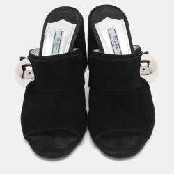 مملوكة مسبقًا صندل سلايد برادا سويدي أسود كعب سميك مقاس 37.5