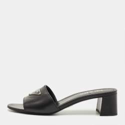 Pre Owned Prada Black Leather Triangle Logo Slide Sandals Size 39.5