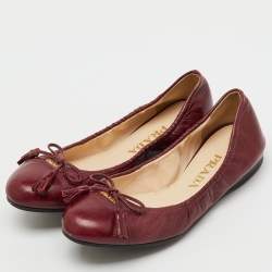 Pre Owned Prada Burgundy Leather Bow Scrunch Ballet Flats Size 37.5