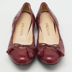 Pre Owned Prada Burgundy Leather Bow Scrunch Ballet Flats Size 37.5