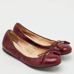 Pre Owned Prada Burgundy Leather Bow Scrunch Ballet Flats Size 37.5