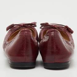 Pre Owned Prada Burgundy Leather Bow Scrunch Ballet Flats Size 37.5