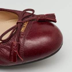 Pre Owned Prada Burgundy Leather Bow Scrunch Ballet Flats Size 37.5