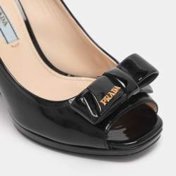 Pre Owned Prada Black Patent Leather Bow Peep Toe Wedge Pumps Size 35.5