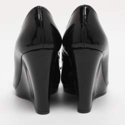Pre Owned Prada Black Patent Leather Bow Peep Toe Wedge Pumps Size 35.5