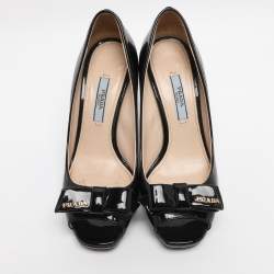 Pre Owned Prada Black Patent Leather Bow Peep Toe Wedge Pumps Size 35.5