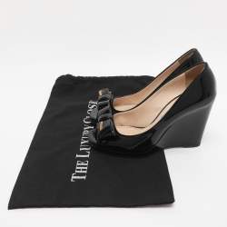 Pre Owned Prada Black Patent Leather Bow Peep Toe Wedge Pumps Size 35.5