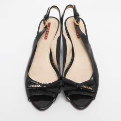 Pre Owned Prada Black Patent Leather Bow Slingback Sandals Size 38