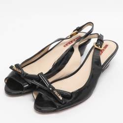 Pre Owned Prada Black Patent Leather Bow Slingback Sandals Size 38