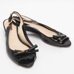Pre Owned Prada Black Patent Leather Bow Slingback Sandals Size 38