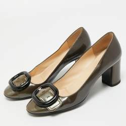 Pre Owned Prada Green Patent Leather Block Heel Pumps Size 36.5