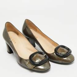 Pre Owned Prada Green Patent Leather Block Heel Pumps Size 36.5